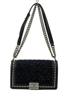 CHANEL Boy Chanel 25 A67086 Black White Lambskin Chemical Fiber Shoulder Bag